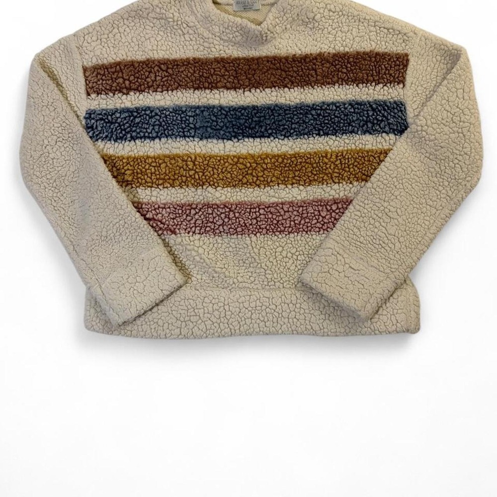Warm & Cozy Lifestyle Sherpa Pullover Striped Fleece Sweatshirt Cream Large
